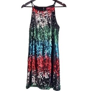 Vibrant Multicolor Sequin Party Cocktail Semiformal Mini Dress‎ Straps SZ:M